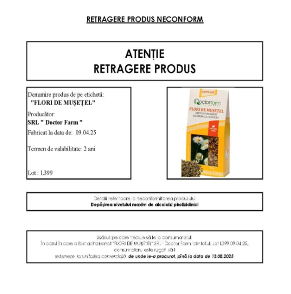 Evitați produsul! Un lot de flori de mușețel, retras din comerț de către ANSA