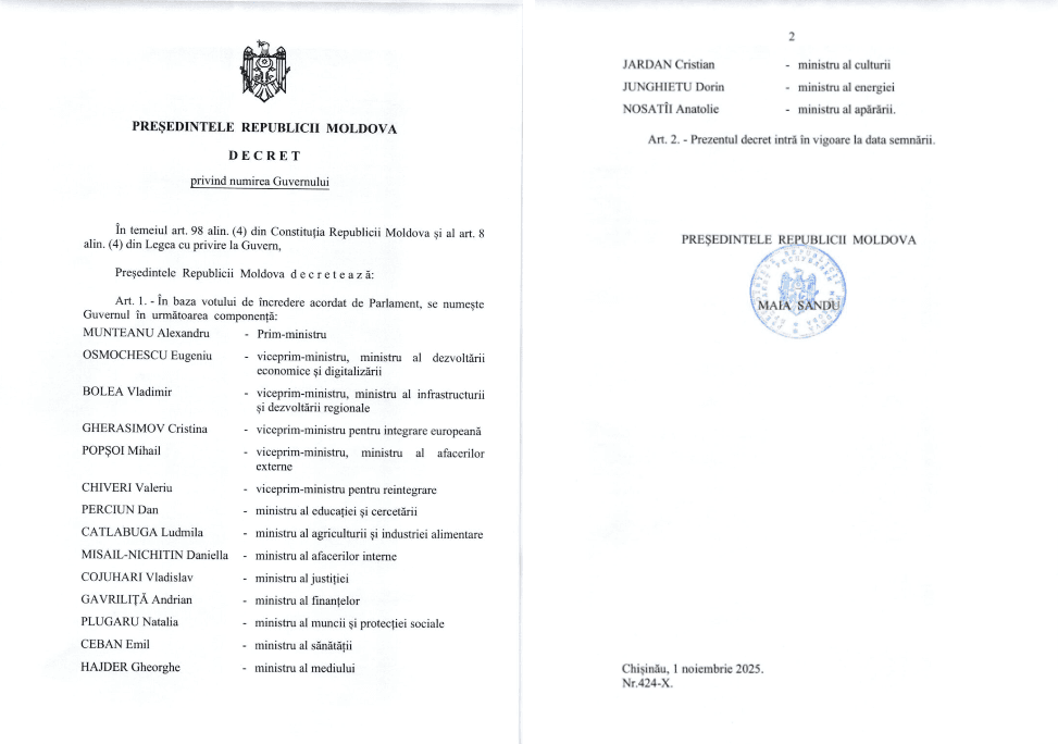Decretul privind numirea Guvernului Munteanu a fost publicat pe pagina Președinției